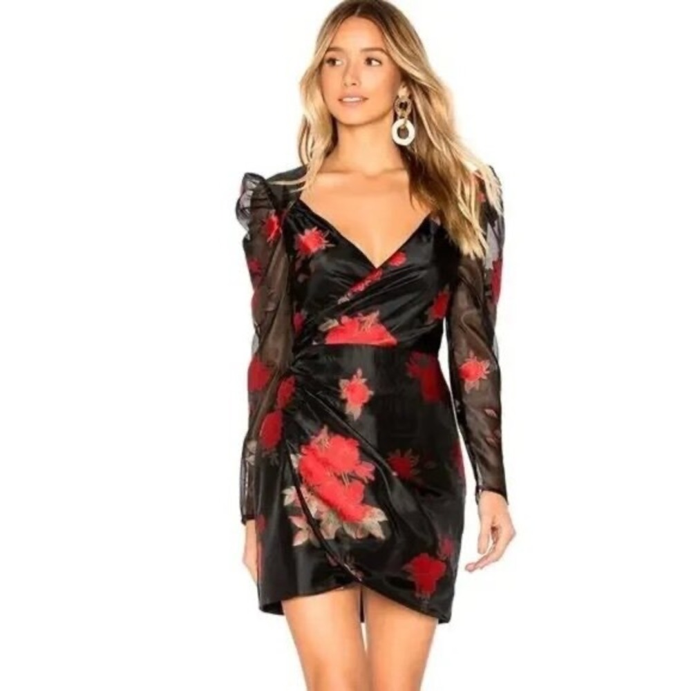 Lovers and Friends Brant Floral Metallic Mini Dress Black Red XS